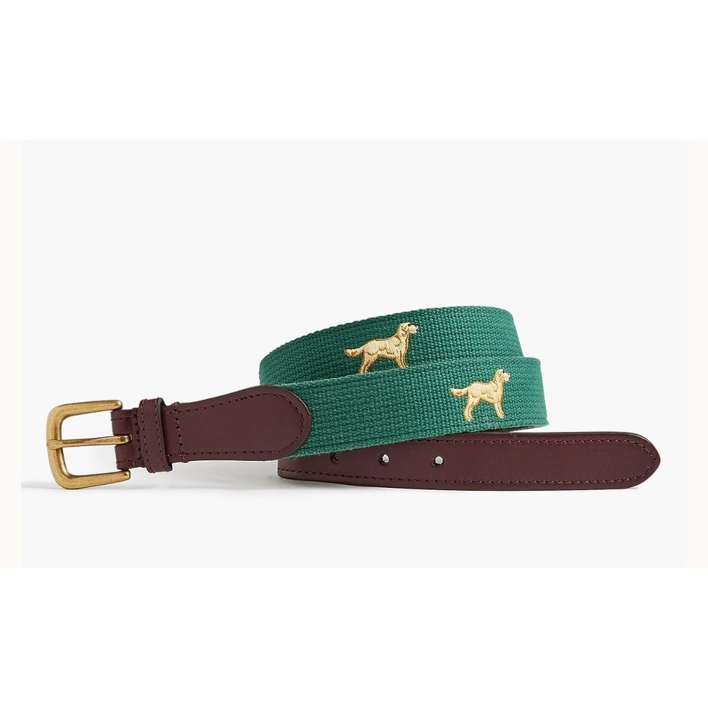 NWOT J.Crew Belt Mens 40 Green Embroidered Golden Retriever Leather Dog Preppy